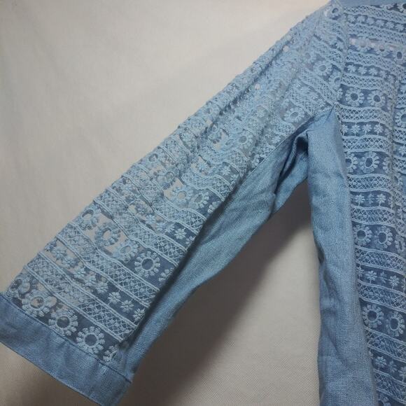 Multiples Blue Linen Open Front Crochet Jacket Cardigan Size Small - Picture 4 of 8